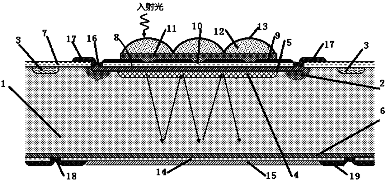 Near-infrared response photodetector of microlens trap structure and preparation method thereof