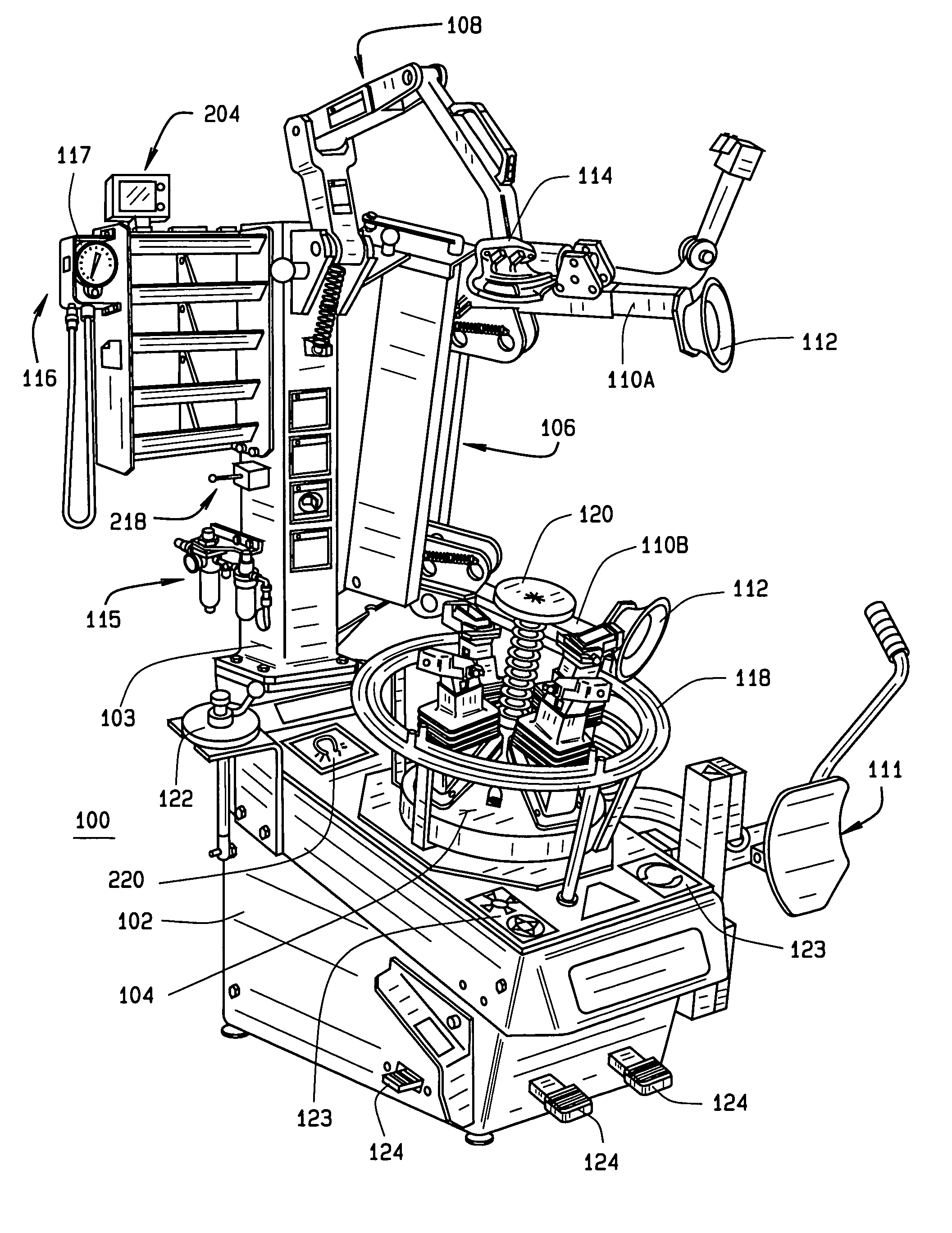 Vehicle tire changer with integrated detector for tire pressure sensors