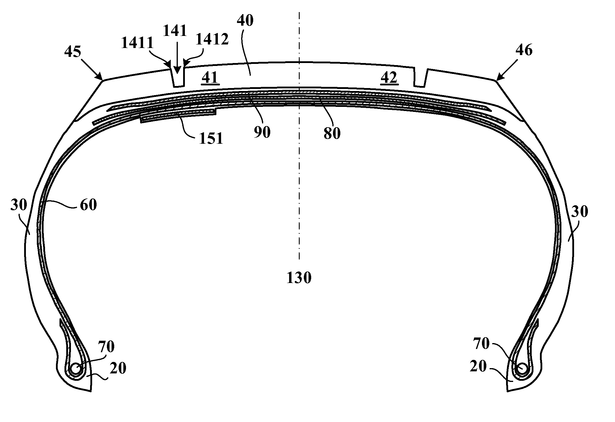 Tire the Crown of Which has a Stiffening Reinforcement