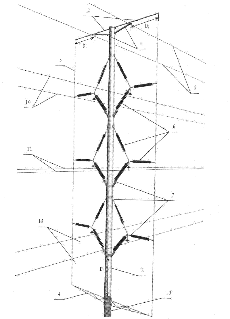 Method for vertical grounding led-down outside composite material pole tower and pole tower thereof