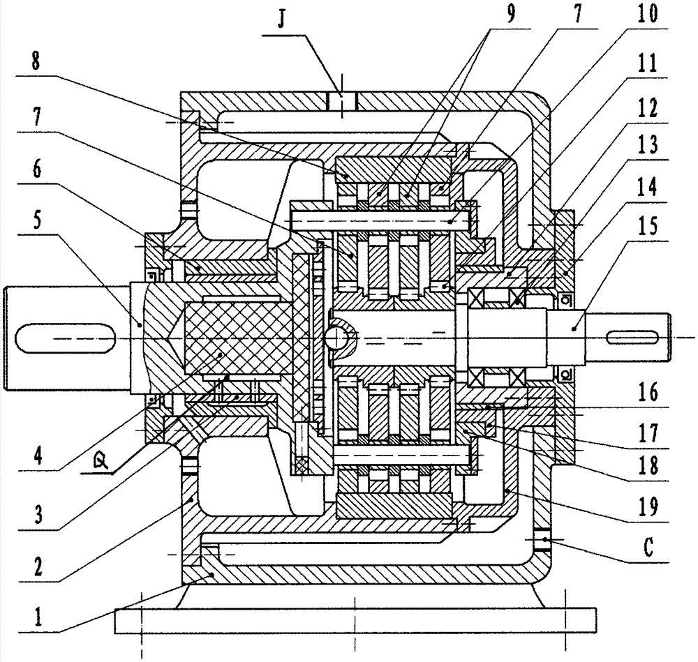 Dynamic balance hypocycloidal reduction box provided with interlayer water-cooling box body and supported by zinc-based alloy bearings
