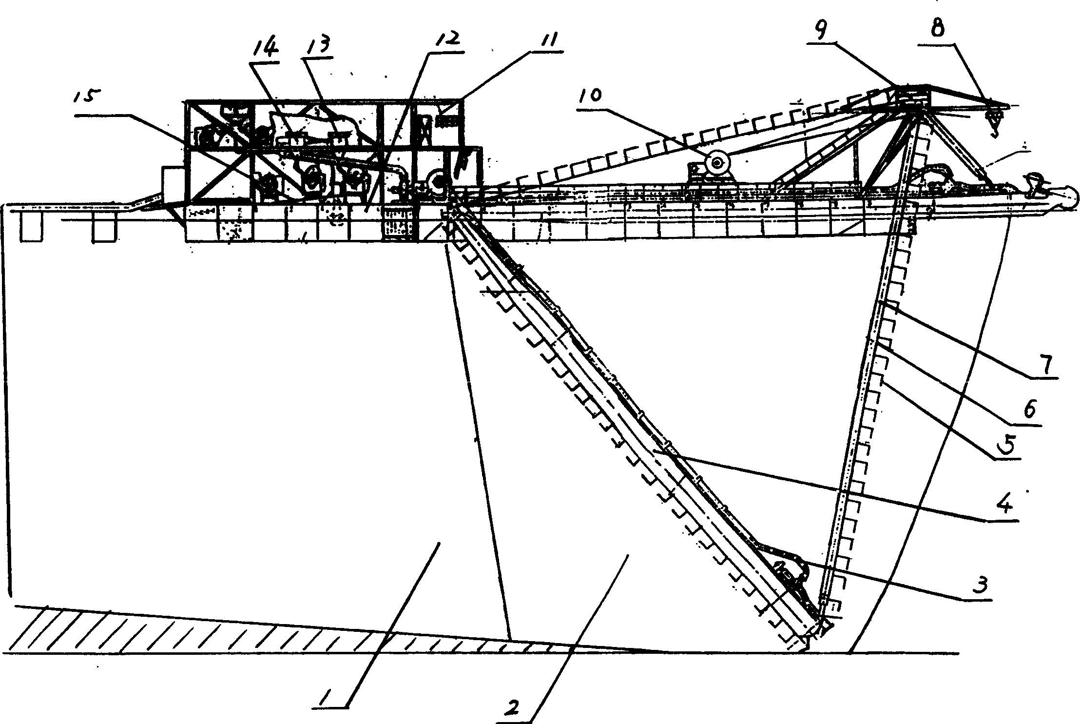 Chain bucket digging type floating ship for metal tailings stoping