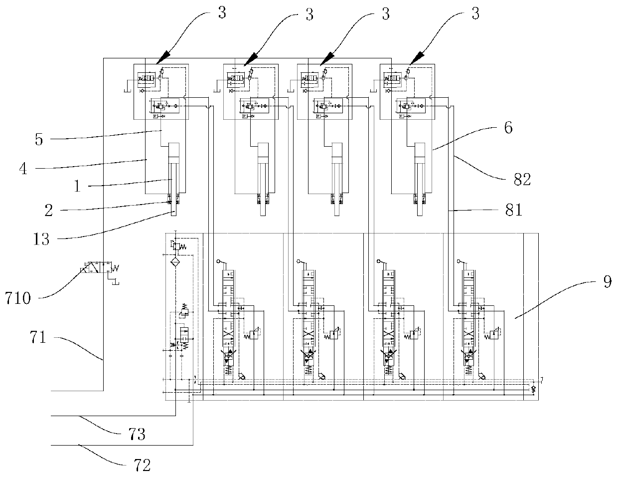 Leveling control loop and control method based on hydraulic control self-locking