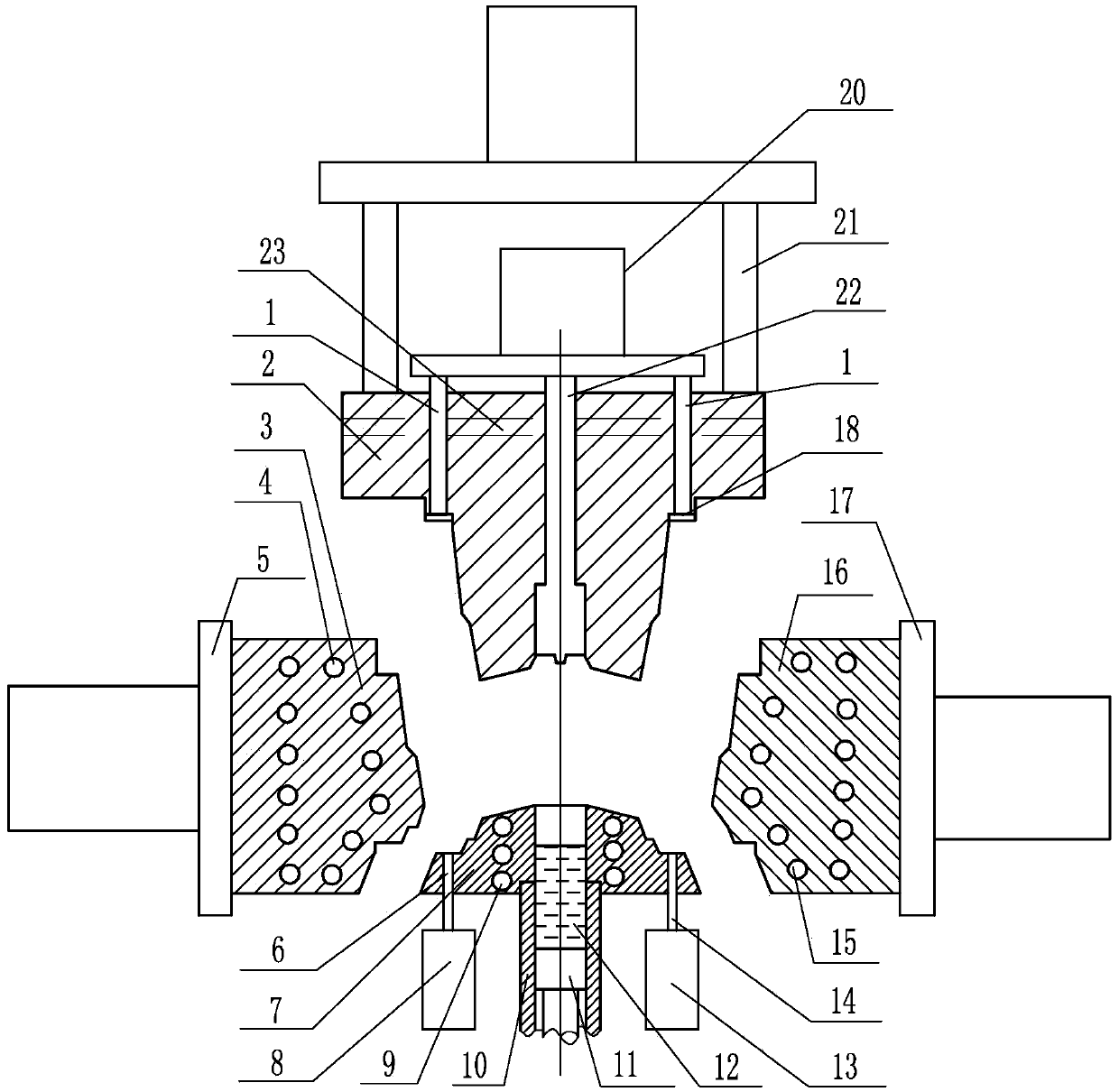 Device for manufacturing automobile aluminum alloy wheel hubs through liquid filling, local pressurizing and feeding and method thereof