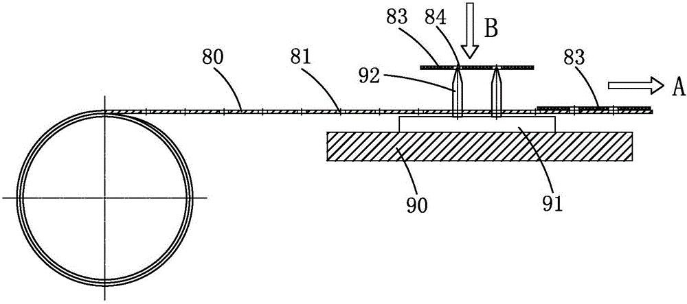 Attaching device and method with material belt positioned through strip material small holes in sleeving mode