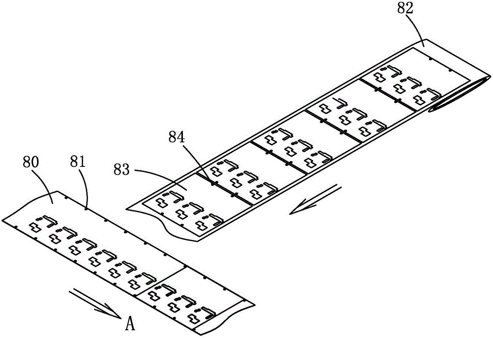 Attaching device and method with material belt positioned through strip material small holes in sleeving mode