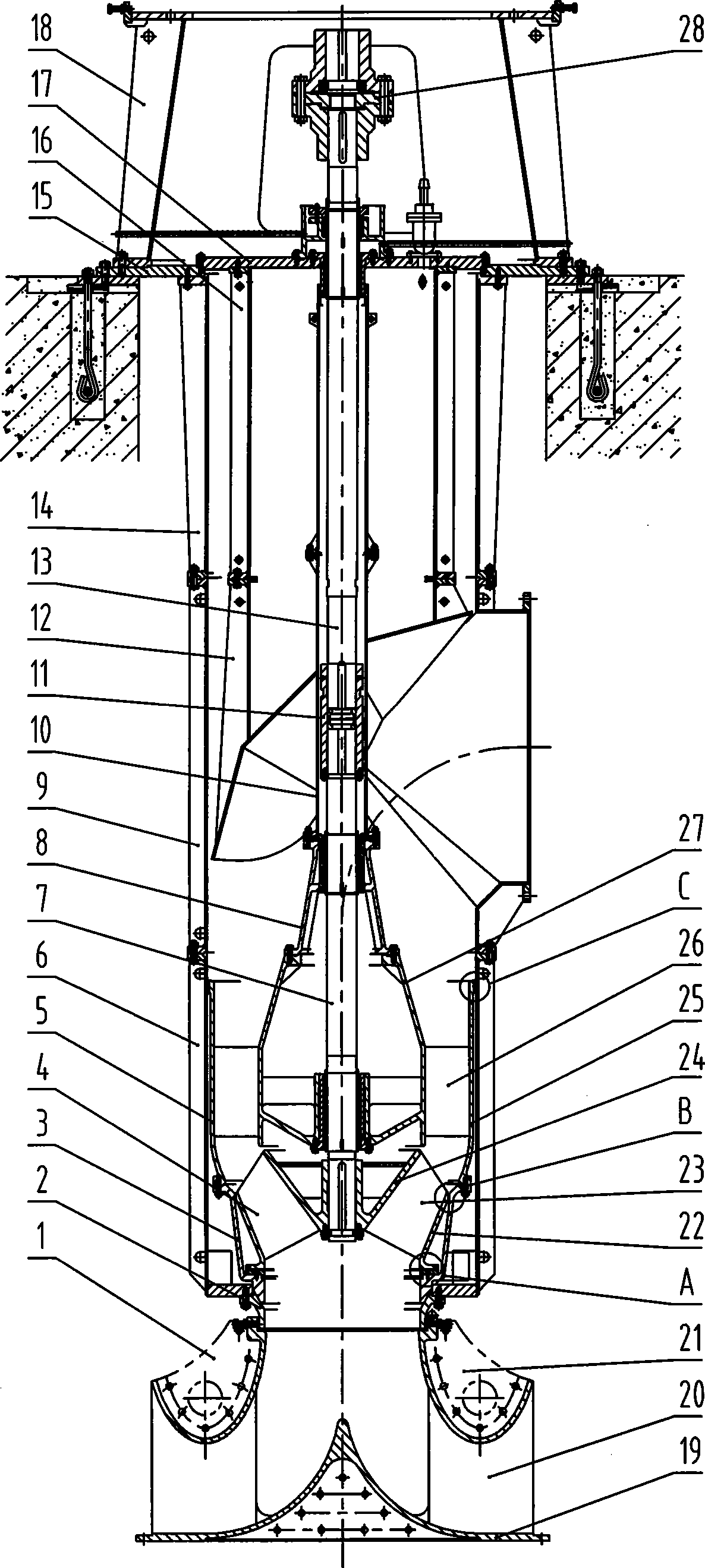 Core-loosing highly effective energy-conserving vertical diagonal flow pump