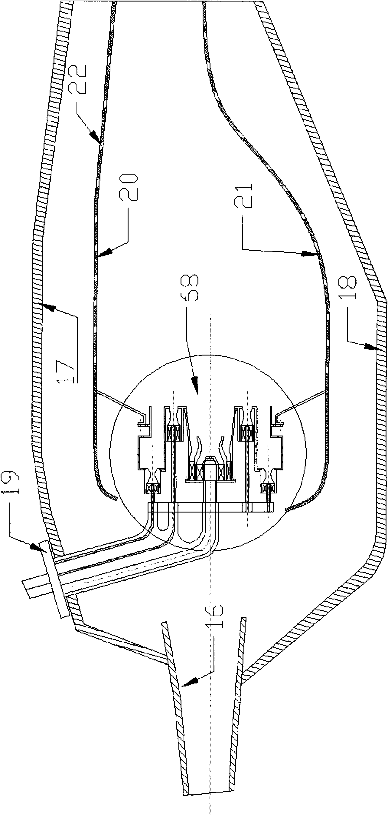 Circumferentially graded low-pollution combustion chamber with multiple middle spiral-flow flame stabilizing stages