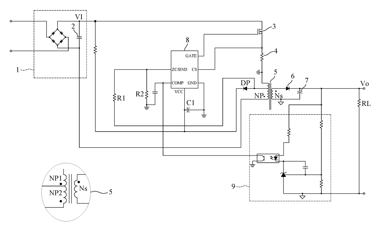 Flyback converter with no need for the auxiliary winding