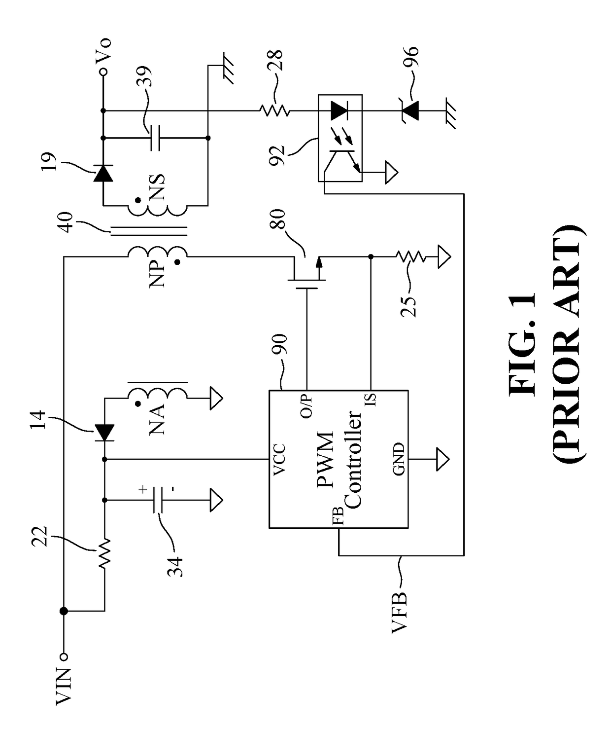 Flyback converter with no need for the auxiliary winding