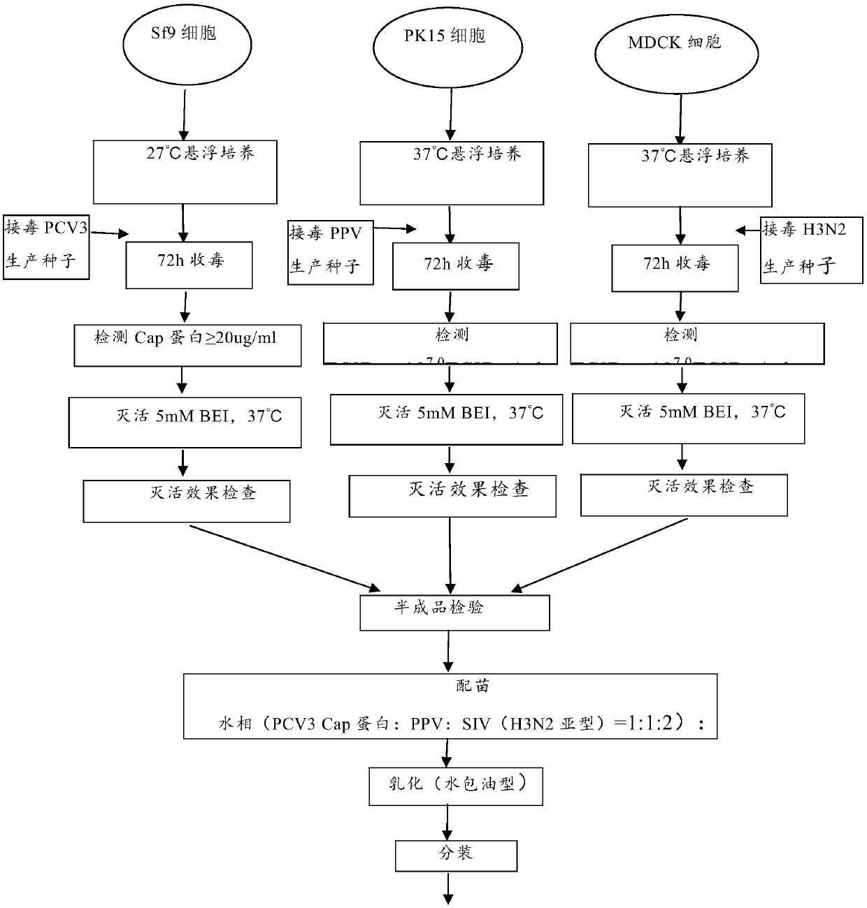 Triple inactivated vaccine used for porcine circovirus-3, porcine parvovirus and swine influenza and preparation method thereof