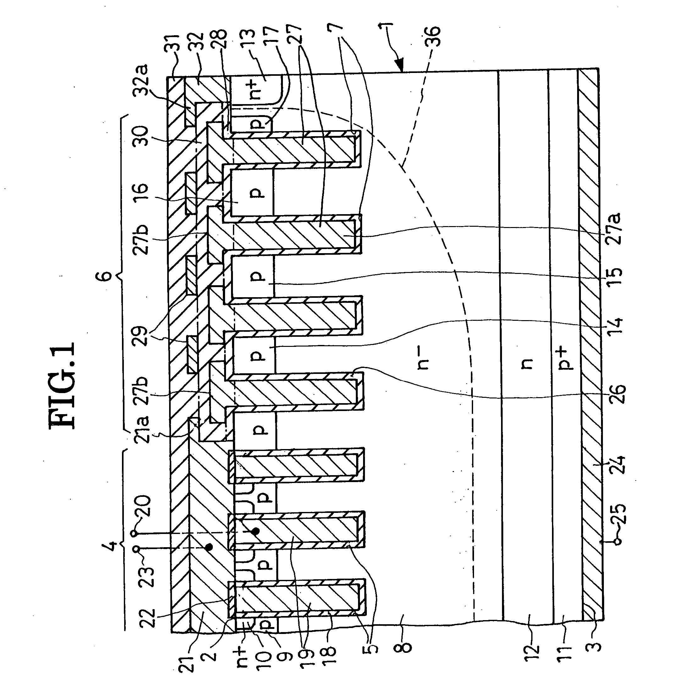 Trench semiconductor device of improved voltage strength, and method of fabrication