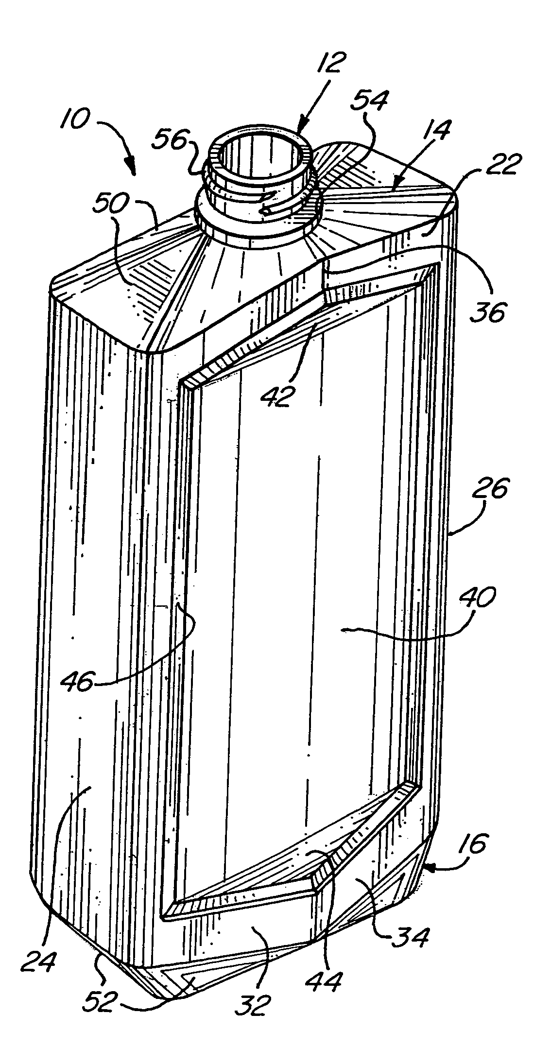 Bottle with faceted surfaces and recessed panel