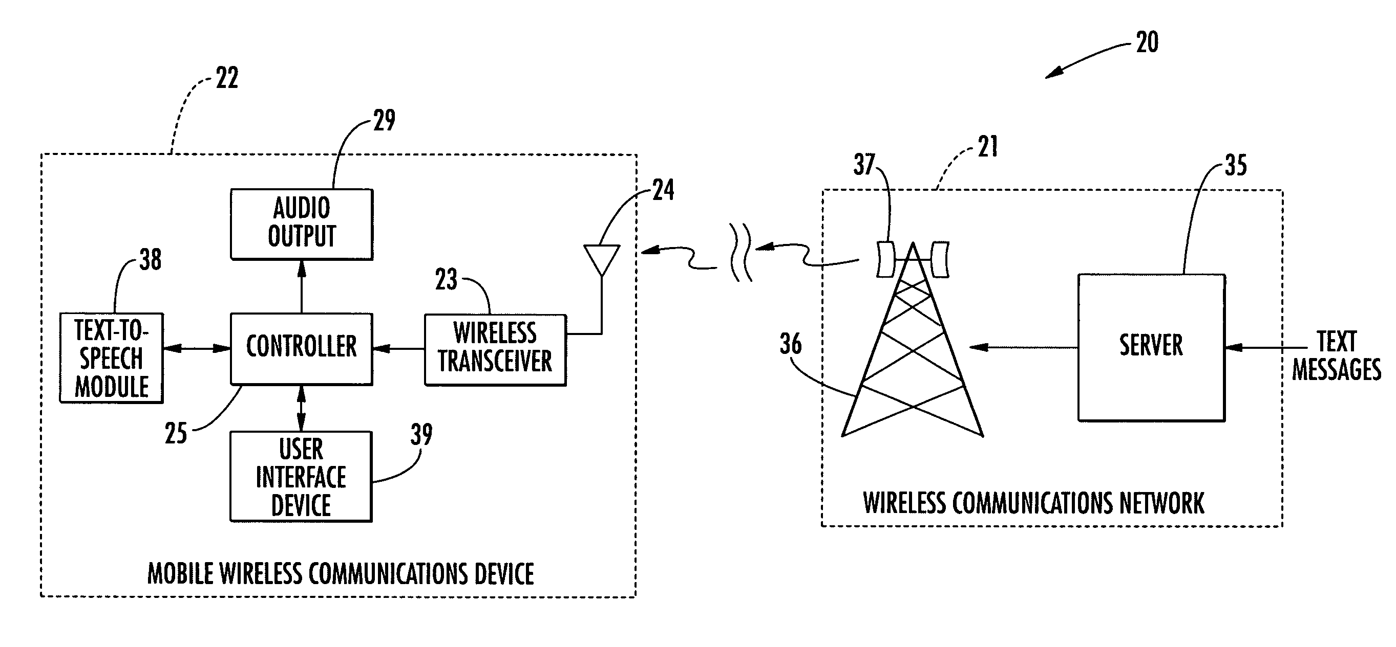 Communications system providing text-to-speech message conversion features using audio filter parameters and related methods