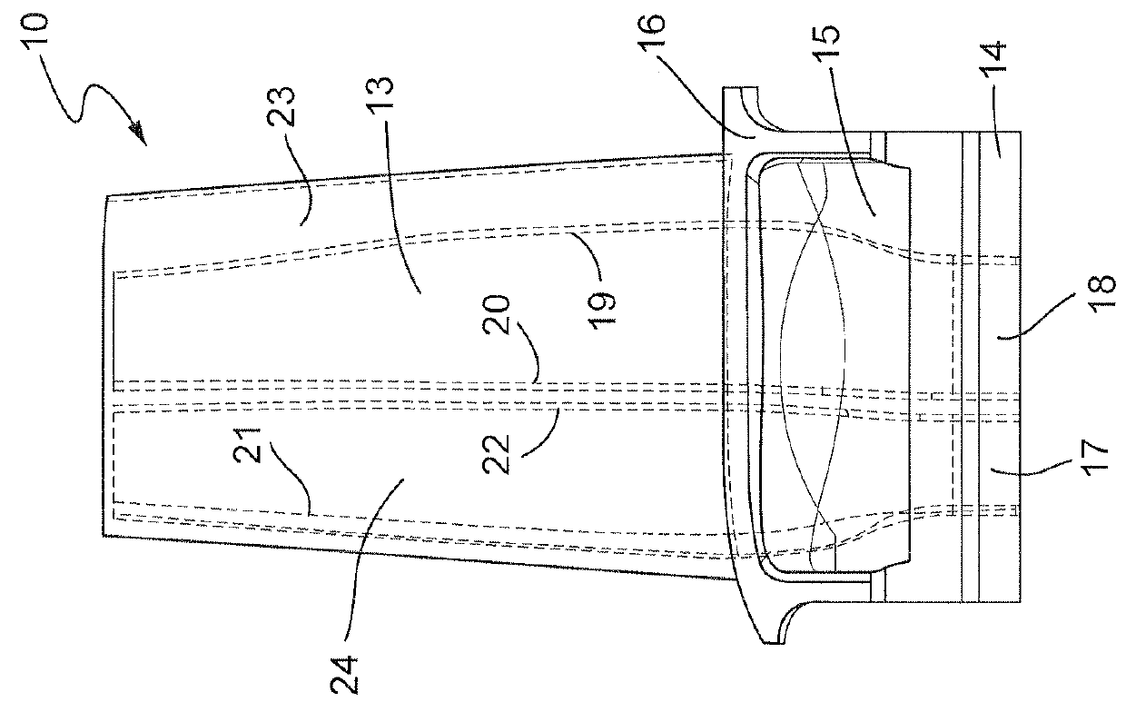 CMC blade with pressurized internal cavity for erosion control