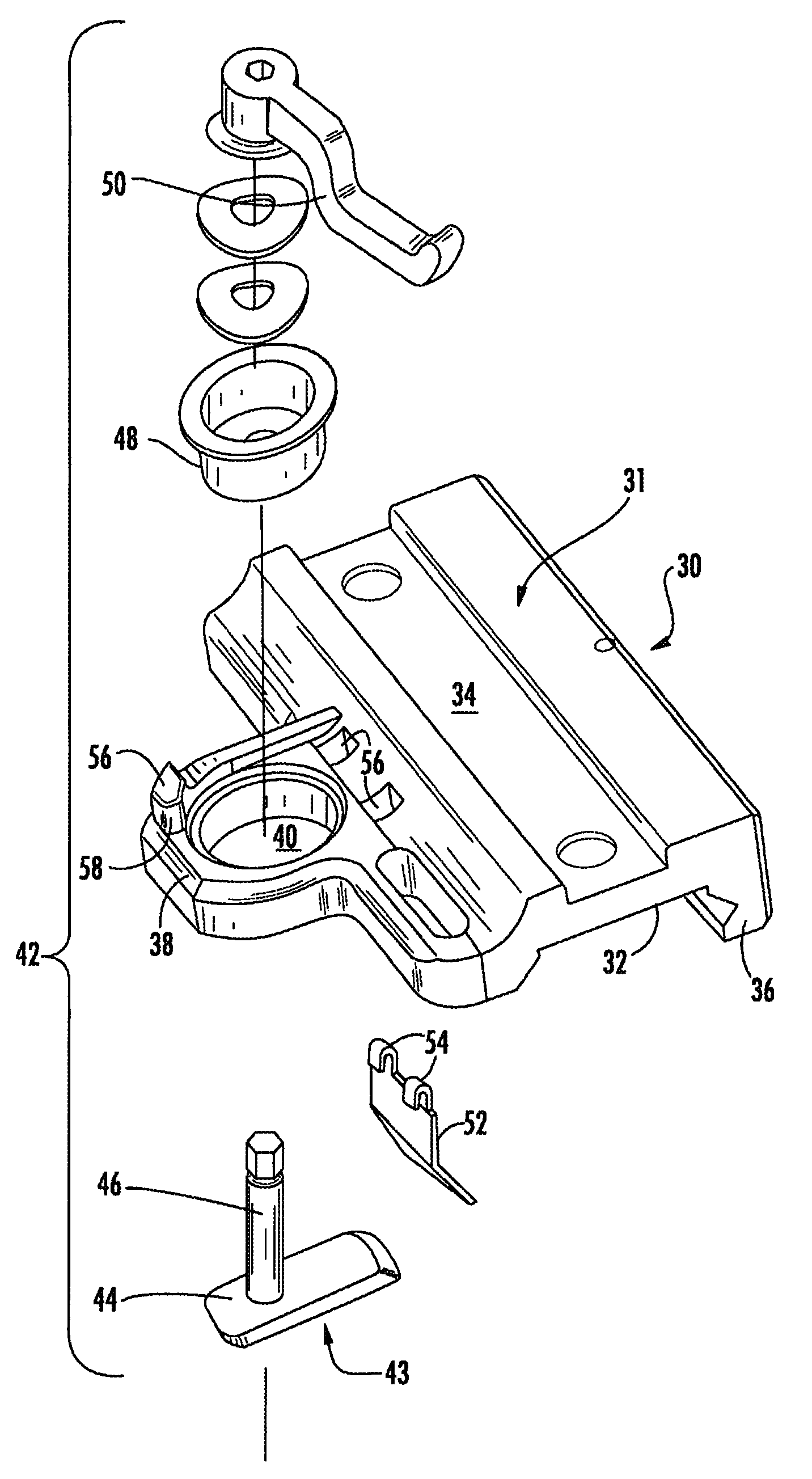 Mounting assembly with positive stop for actuator arm