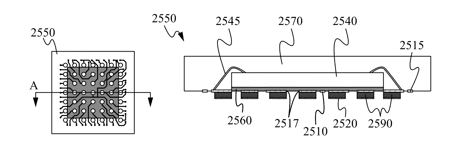 Lead frame ball grid array with traces under die