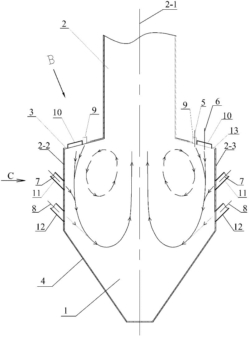 A kind of exhaust gas under the ejection stage combustion w flame boiler