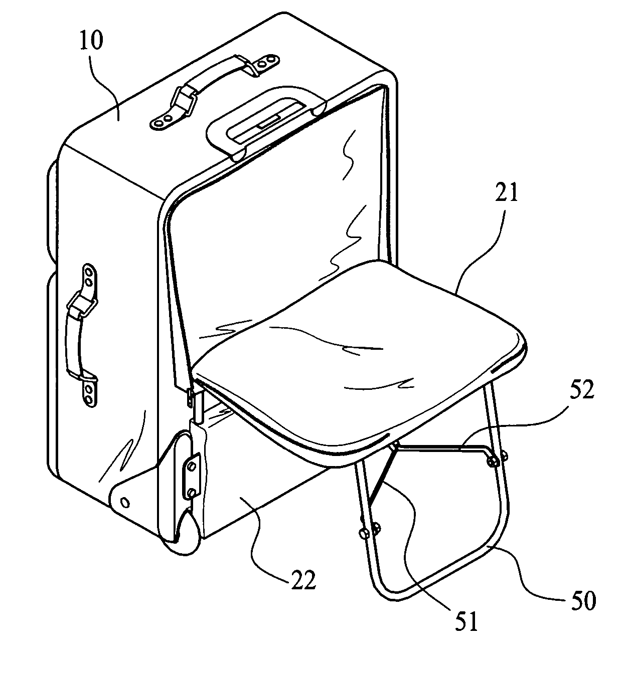 Carry-on baggage container with a folding chair