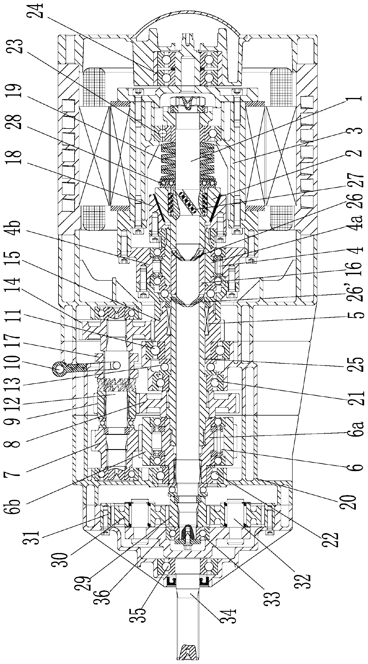 Planetary system output mechanical double-overrunning-clutch self-adaptive automatic speed change spindle assembly