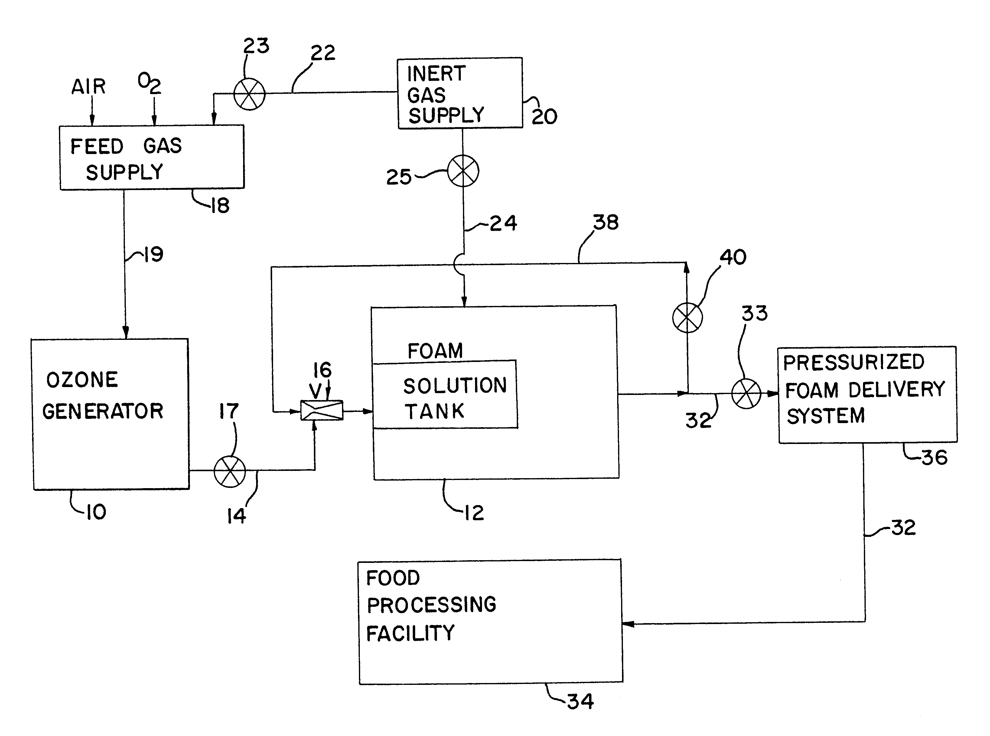 Ozonated foam medium and production system and method for sanitizing a food processing environment