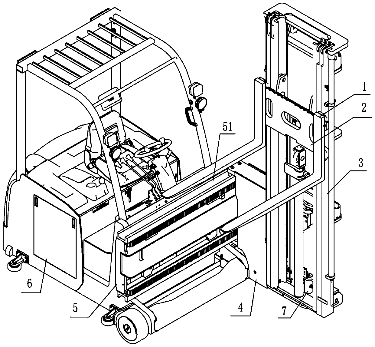 Three-way stacking forklift with portal capable of moving laterally and moving along with rotation