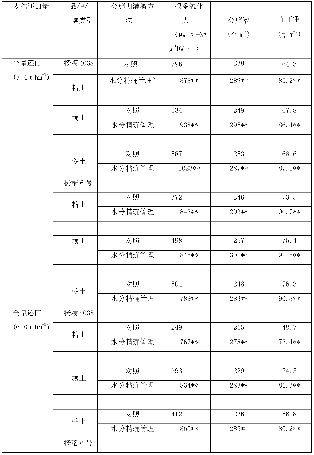 Precise management method of moisture in tillering stage of rice plant after wheat straws are returned to field