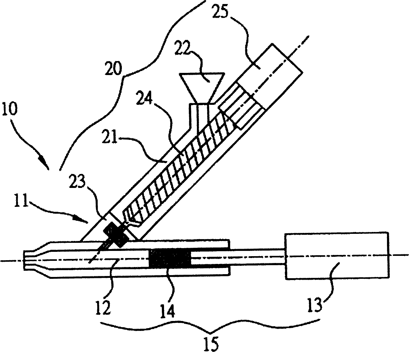 Discharge device of injection moulding machine in two-stage type