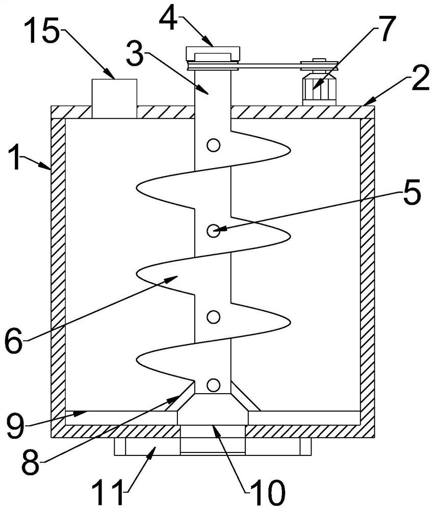 Stirring device for intermittent constant-velocity discharge and construction method for self-leveling floor