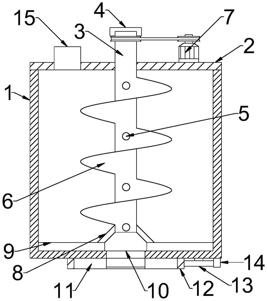 Stirring device for intermittent constant-velocity discharge and construction method for self-leveling floor