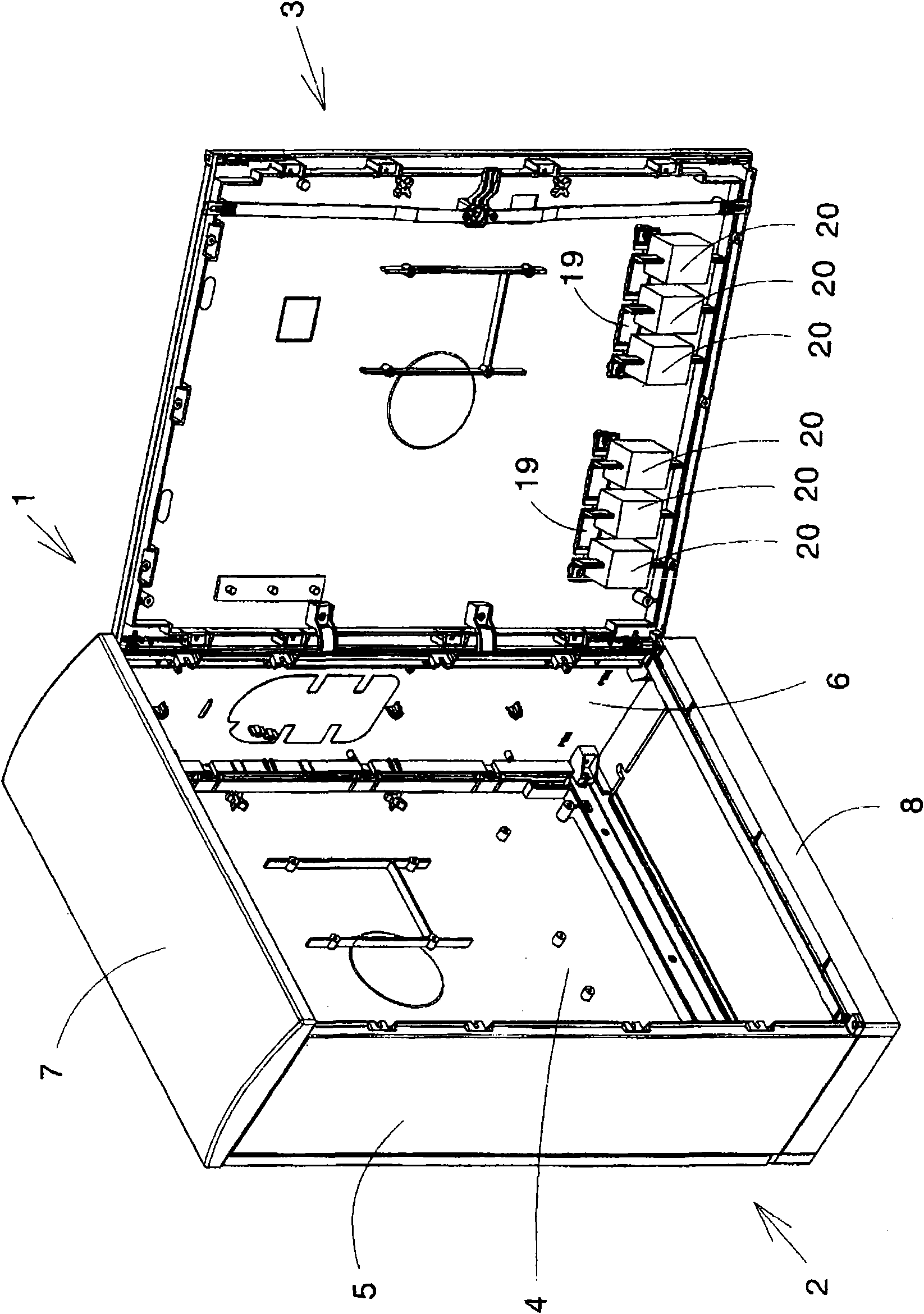 Cable distribution box with a housing and a door supported in the housing