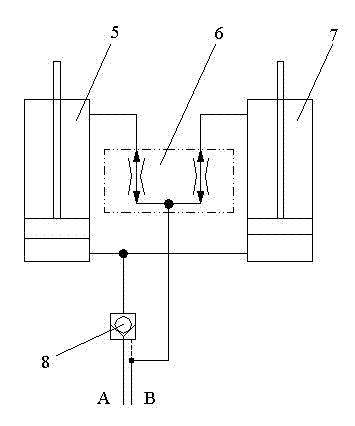 Double-cylinder synchronous hydraulic circuit with functions of supercharging and eliminating accumulated error