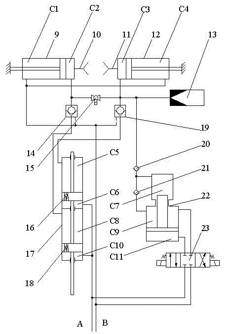 Double-cylinder synchronous hydraulic circuit with functions of supercharging and eliminating accumulated error