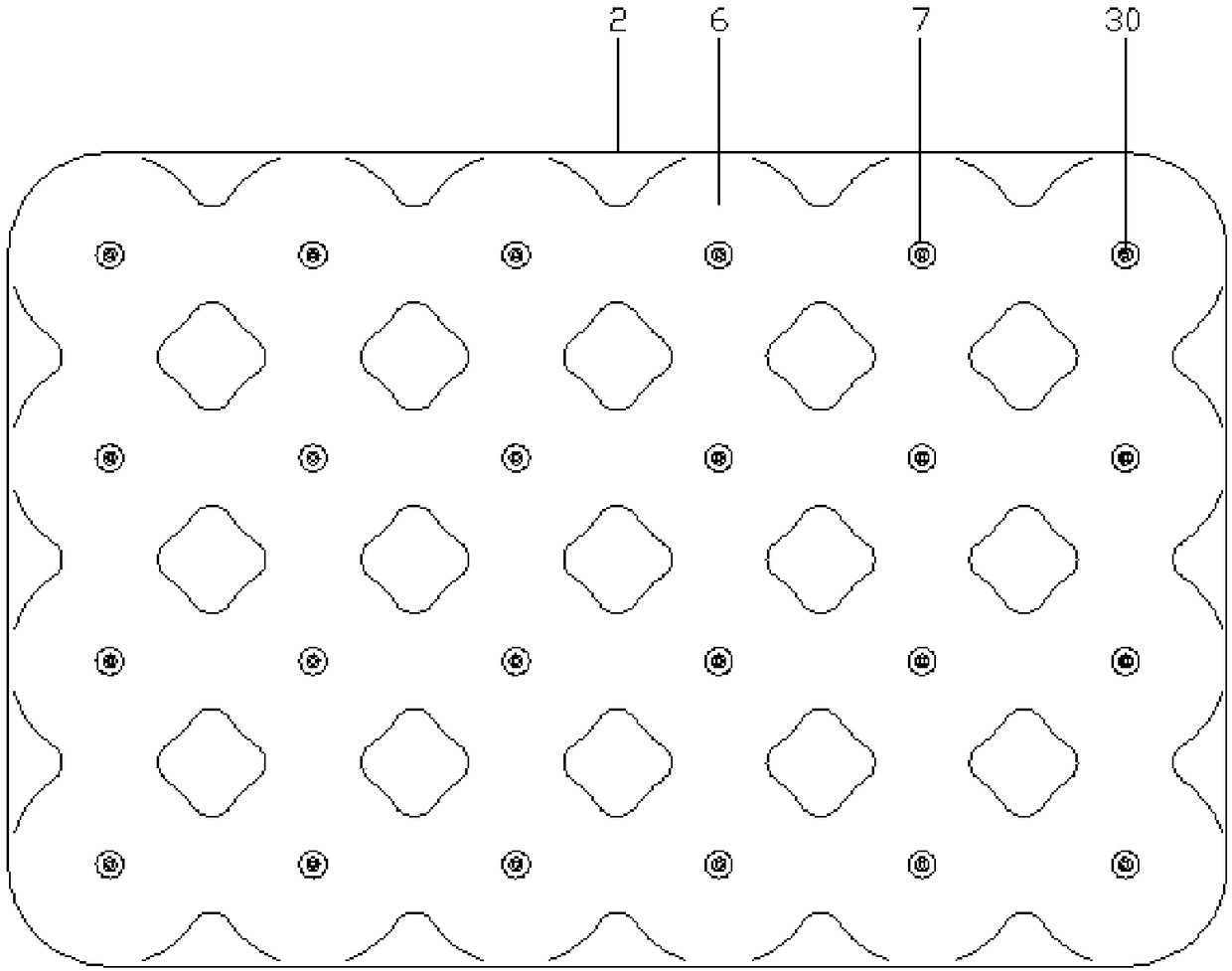 Bottom plate used for image-text firework lattice emitter and forming mould for bottom plate