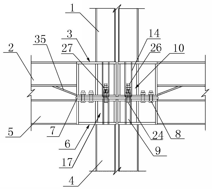 Module node structure connected by adopting clamping device and construction method thereof