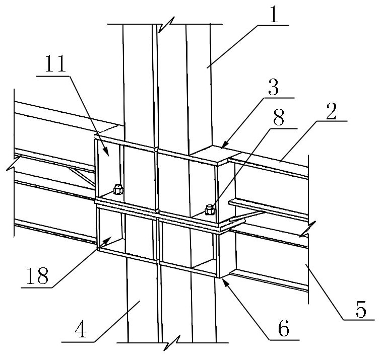 Module node structure connected by adopting clamping device and construction method thereof