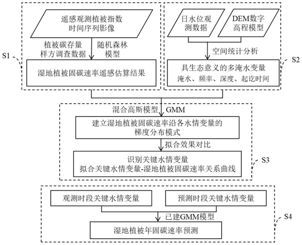 Wetland vegetation carbon sequestration rate prediction method based on relation between key water regimen variables and vegetation carbon sequestration rates