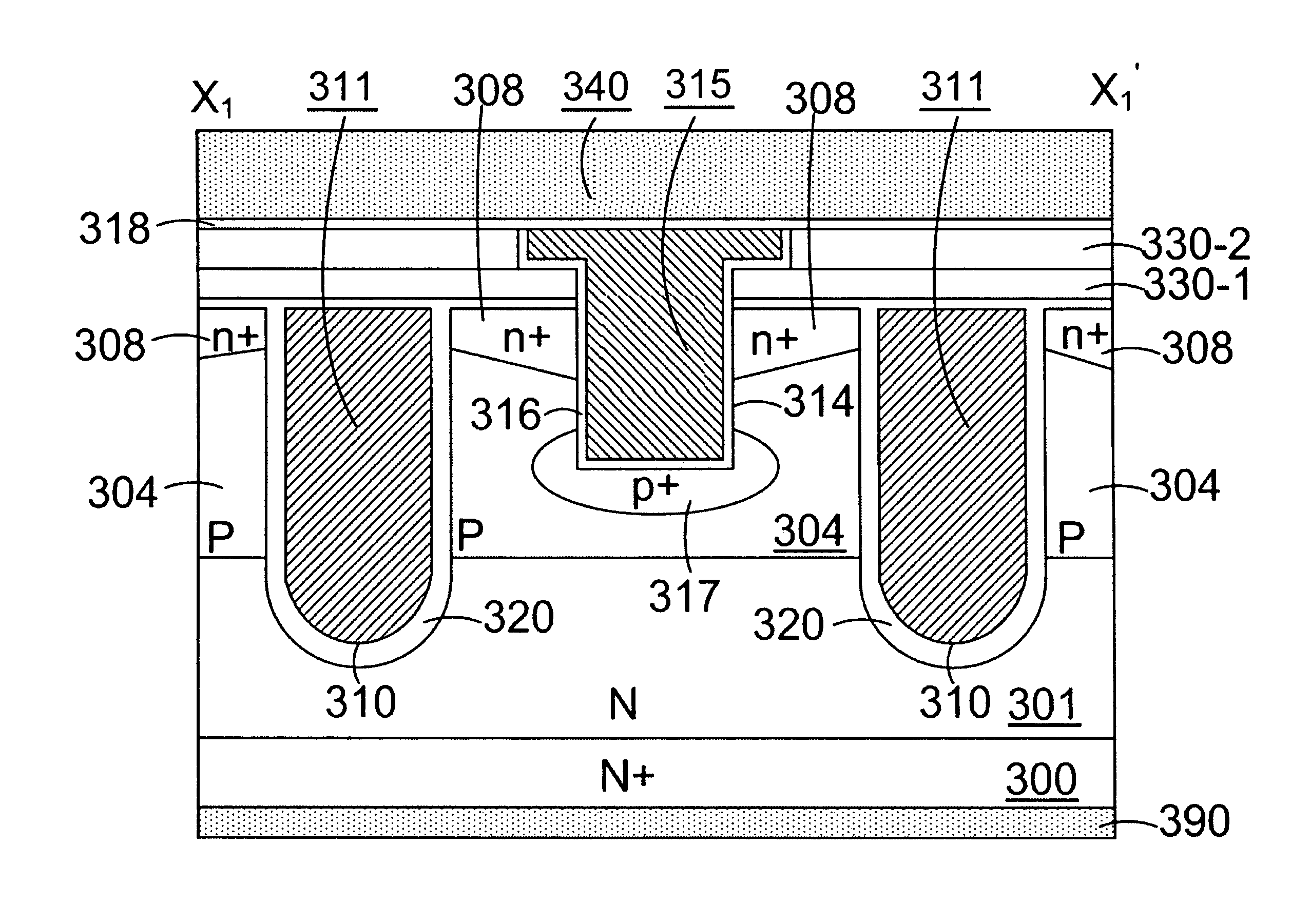 Trench MOSFET structures using three masks process