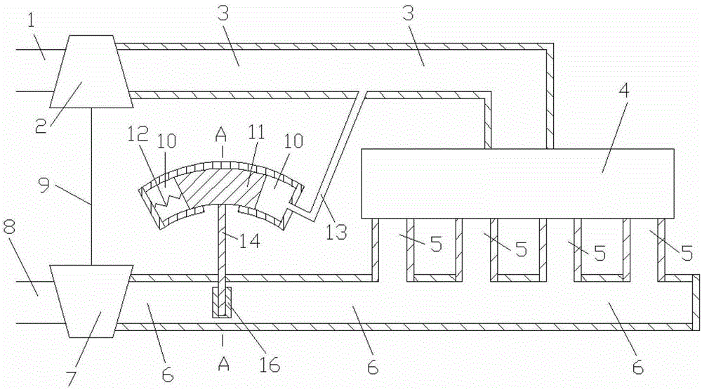 Variable air exhaust through flow area air inlet pressure control type adjusting device for turbocharged engine