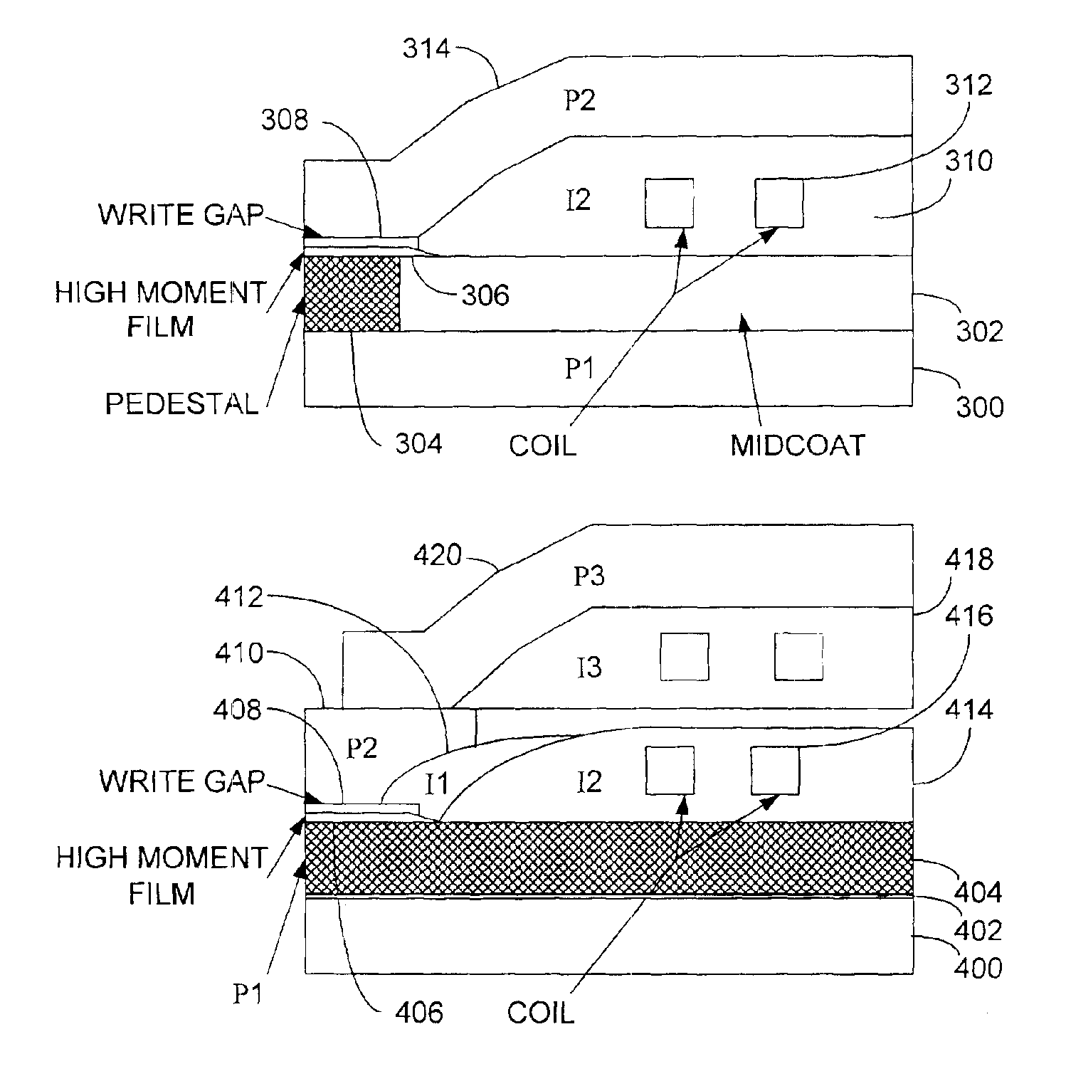 Write head with high moment film layer having tapered portion extending beyond write gap layer