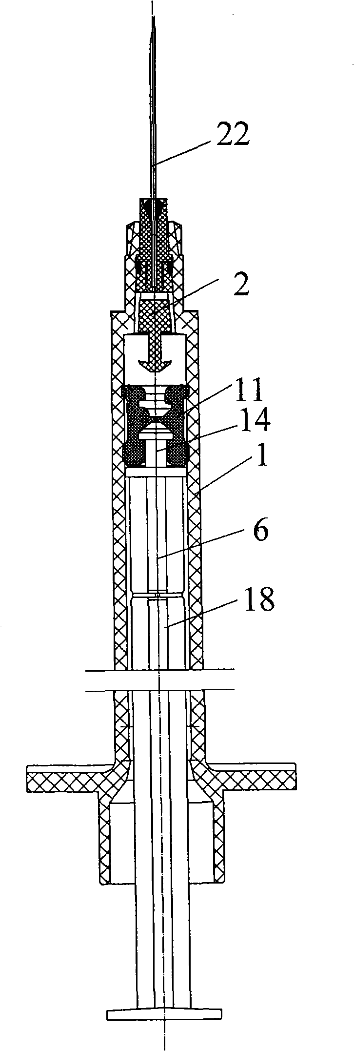 Safety injector with injection needle automatically deflecting when shrinking