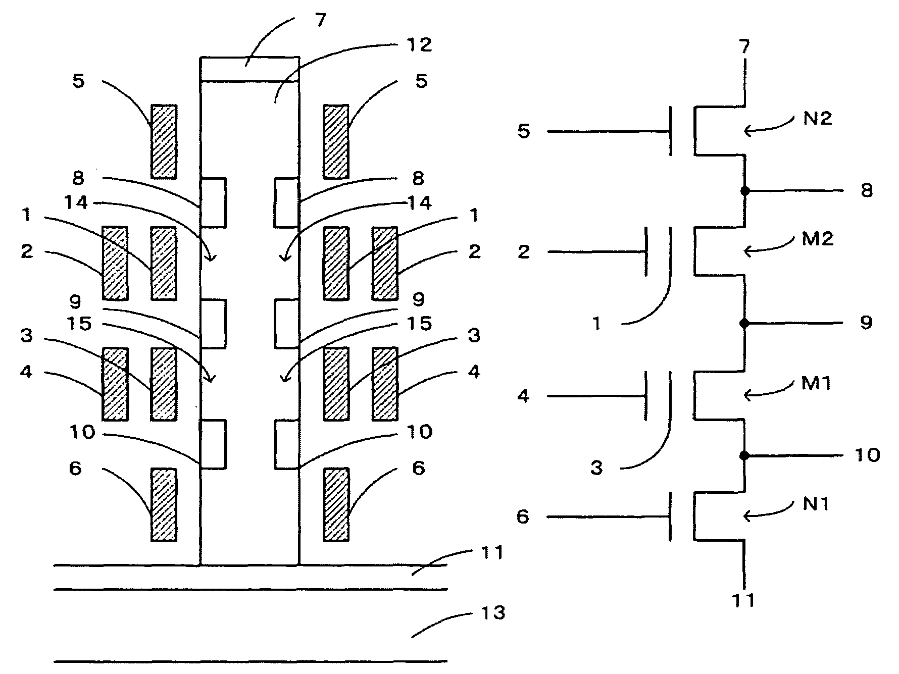 Low voltage, island-layer-based nonvolatile semiconductor storage device with floating biased memory cell channel