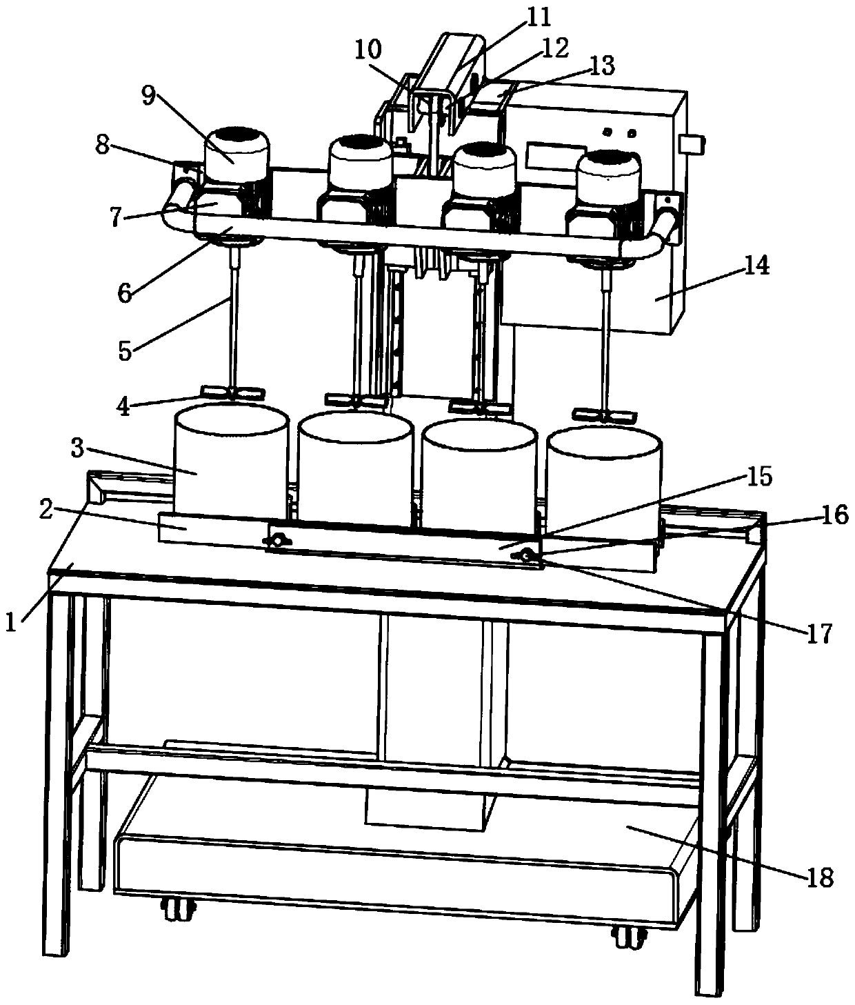 Four-drum type mixing and stirring device for building materials and working method thereof