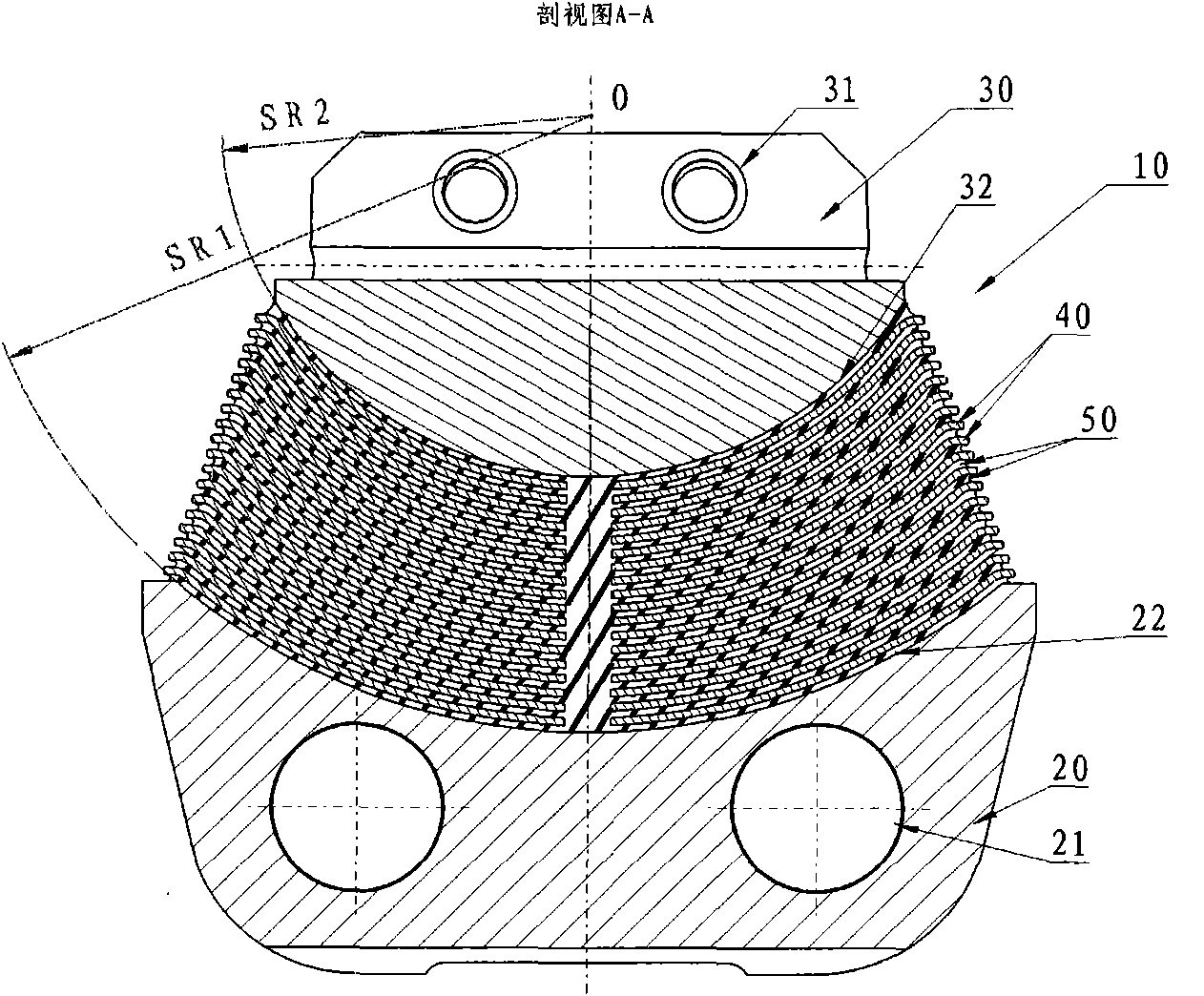 Spherical elastic bearing for helicopter rotor wing and molding method thereof