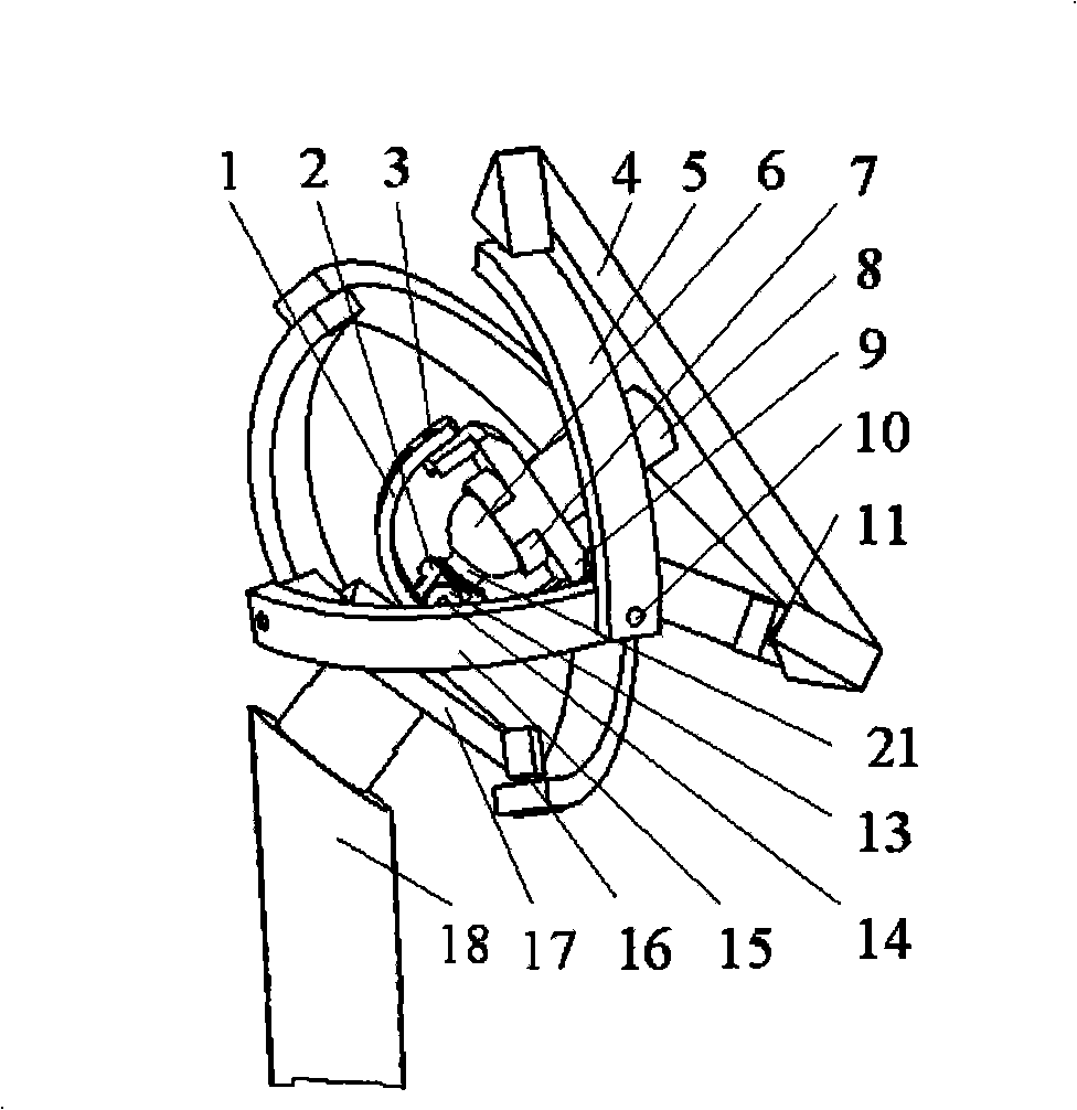 Three-freedom degree spherical surface parallel connected anthropomorphic robot bionic hip-joint with bias output