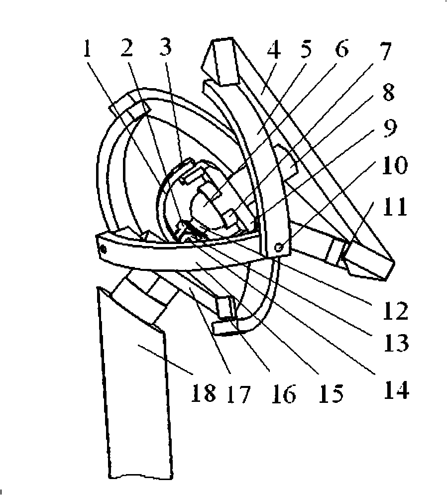 Three-freedom degree spherical surface parallel connected anthropomorphic robot bionic hip-joint with bias output