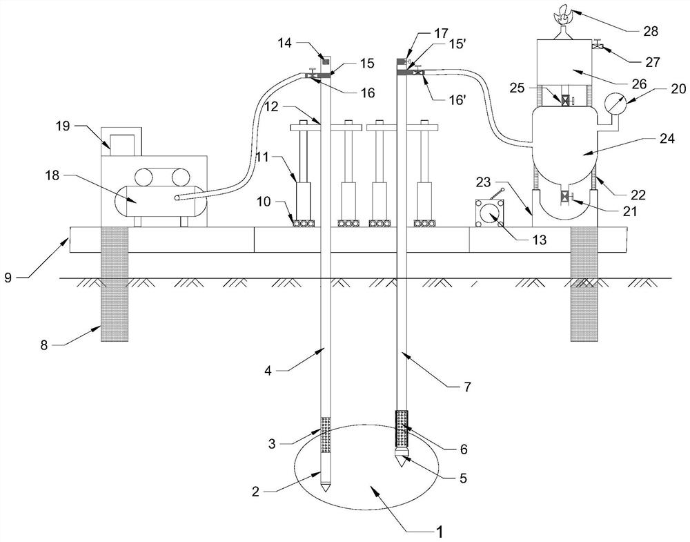 Double-rod discharging device, equipment for controllably releasing shallow harmful gas in land area and construction method