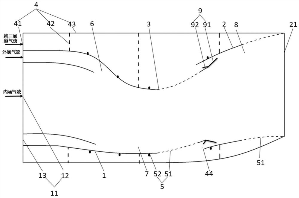 Three-duct S-shaped spray pipe with turbulent flow rib-air film cooling structure