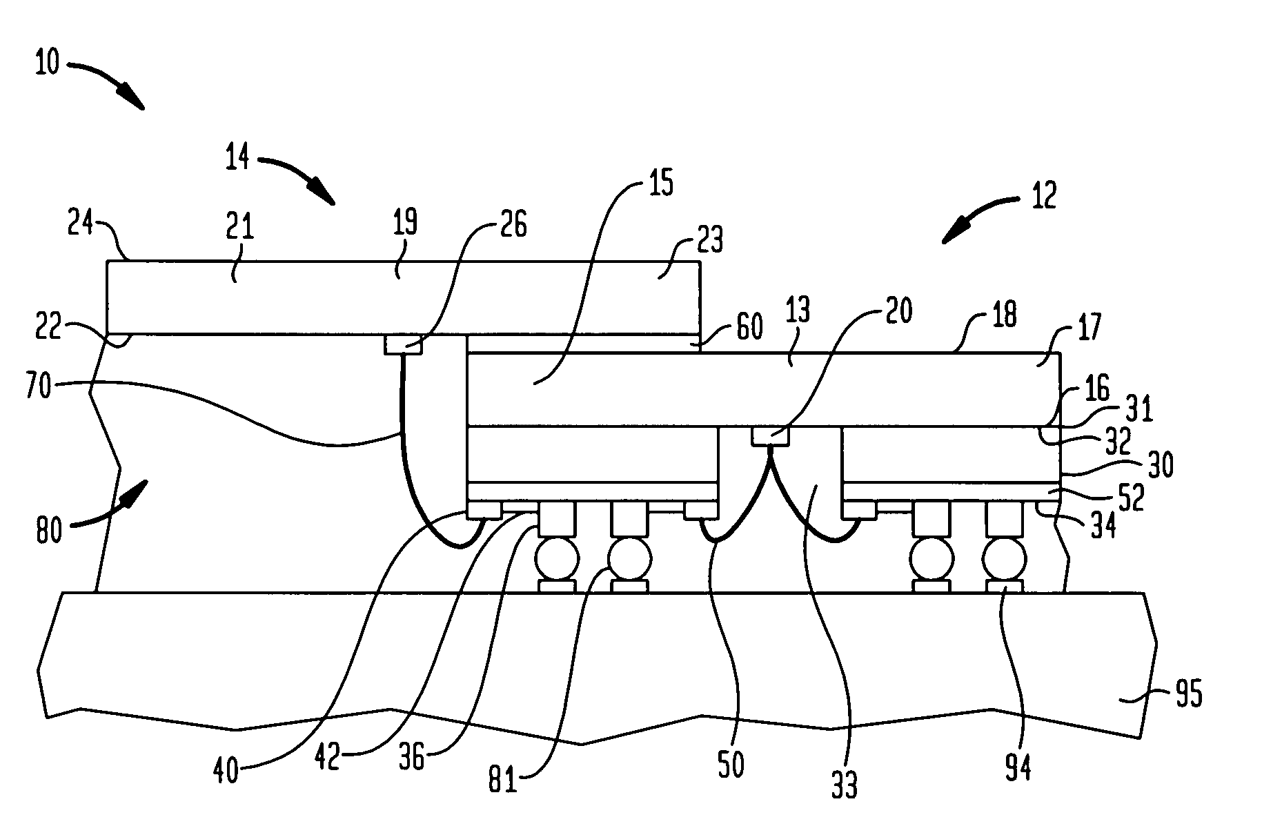 Stacked microelectronic assemblies with central contacts