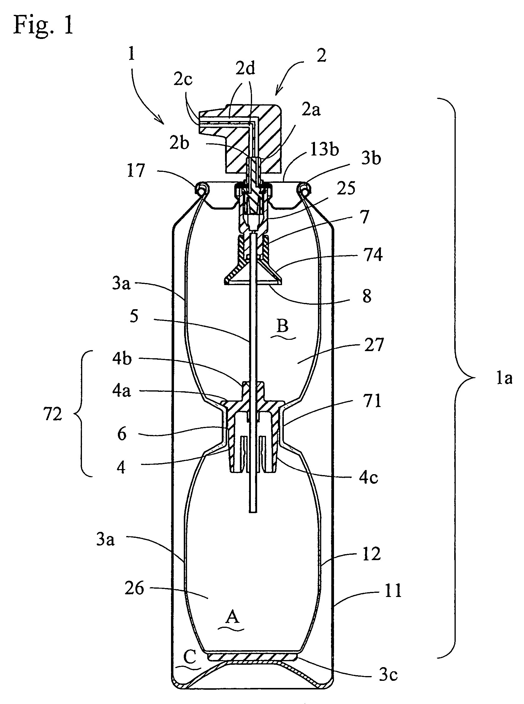 Container for discharging plural contents, a dispenser using the container, and a process for producing the dispenser